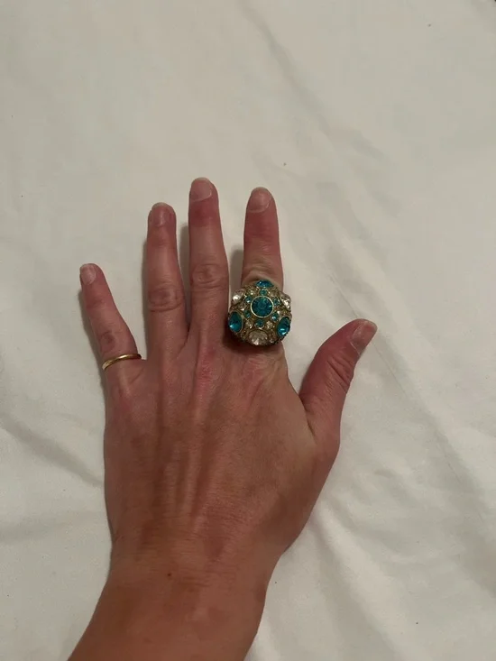 Gold-Tone Dome Ring with Turquoise and Clear Crystals - Picture 4 of 5